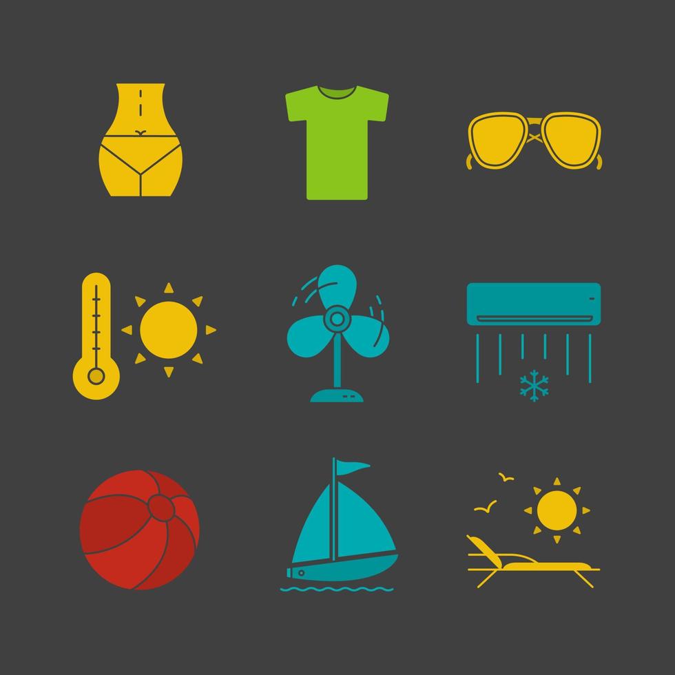 zomer glyph kleur pictogramserie. vrouwenlichaam, zonnebril, zomerhitte, ventilator, airconditioning, strandbal, zonnebank, zeilboot. silhouetsymbolen op zwarte achtergronden. negatieve ruimte. vectorillustraties vector