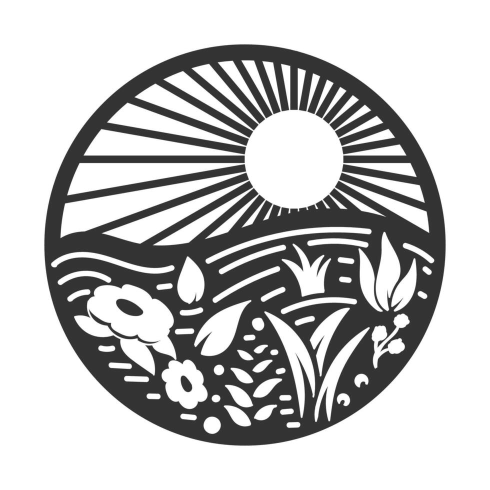 zonsondergang zonsopkomst met tuin boerderij land- insigne embleem etiket illustratie vector