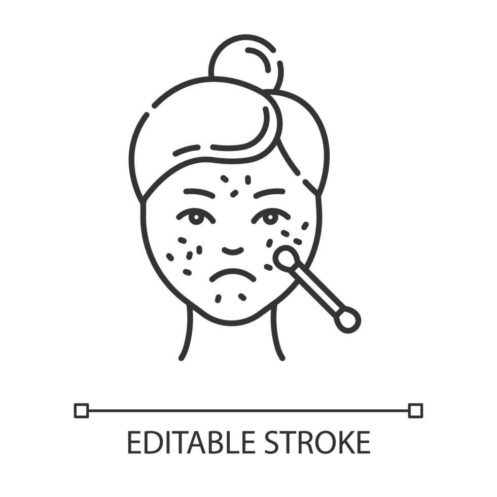 spot behandeling bedoeld lineair pictogram. huidverzorging procedure. reiniging voor de problematische huid. medisch product. dunne lijn illustratie. contour symbool. vector geïsoleerde overzichtstekening. bewerkbare streek