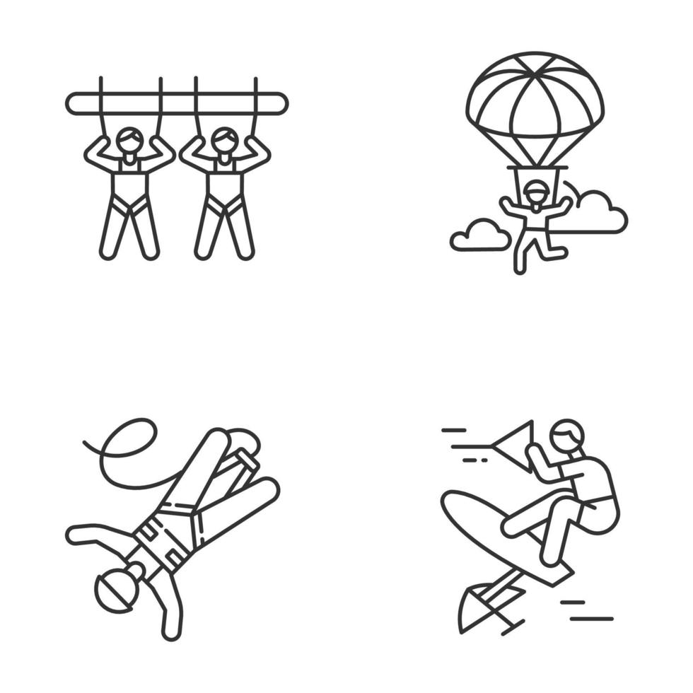 lucht extreme sport lineaire pictogrammen instellen. reuzenschommel, parachutespringen, bungeejumpen en wakeboarden. buitenactiviteiten. dunne lijn contour symbolen. geïsoleerde vectoroverzichtsillustraties. bewerkbare streek vector