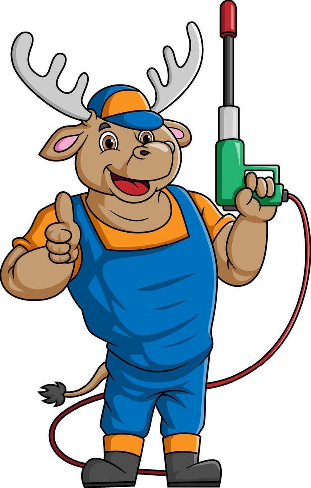 een hert tekenfilm mascotte voor auto wassen Holding een hoog druk wasmachine geweer Jet verstuiven vector