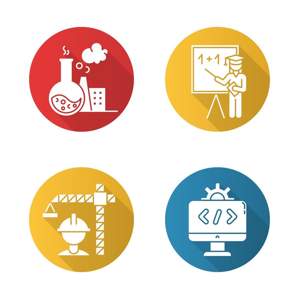 industrie typen platte ontwerp lange schaduw glyph pictogrammen instellen. chemie, onderwijs, bouw, softwaresectoren van de economie. technologische ontwikkeling. zakelijke sferen. vector silhouet illustratie