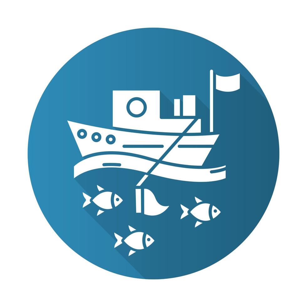 visserij-industrie blauwe platte ontwerp lange schaduw glyph pictogram. blauwe kleur icoon. visserijsector. commerciële visserijactiviteit. trawler in zee. zaken in de oceaan. vector silhouet illustratie