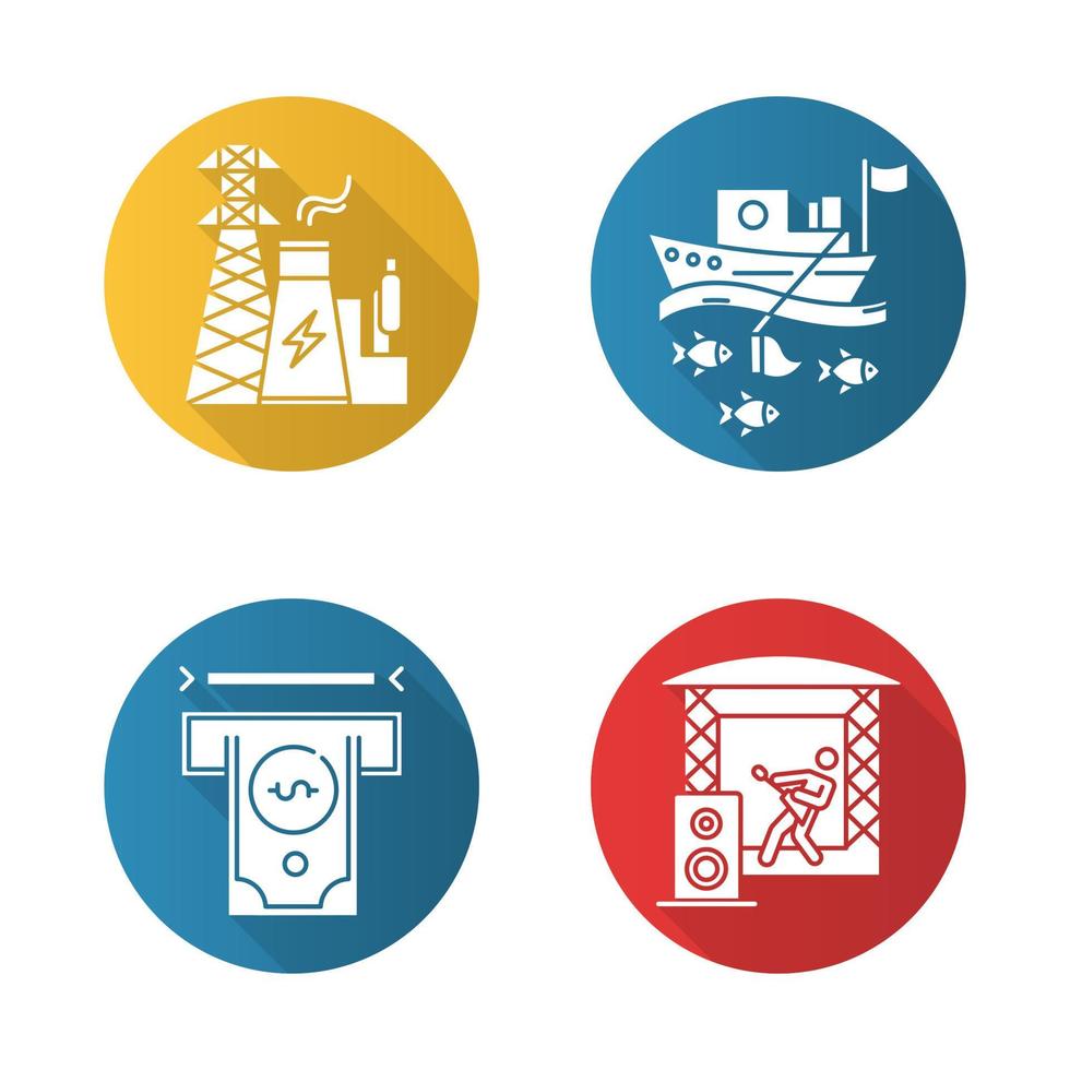 industrie typen platte ontwerp lange schaduw glyph pictogrammen instellen. visserij, energie, muziek, financiële sectoren van de economie. zakelijke sferen. productie van goederen en diensten. vector silhouet illustratie