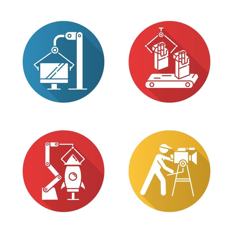 industrie typen platte ontwerp lange schaduw glyph pictogrammen instellen. tabak, computer, filmproductie, ruimtevaartsectoren van de economie. landbouw, fabricage en diensten. vector silhouet illustratie