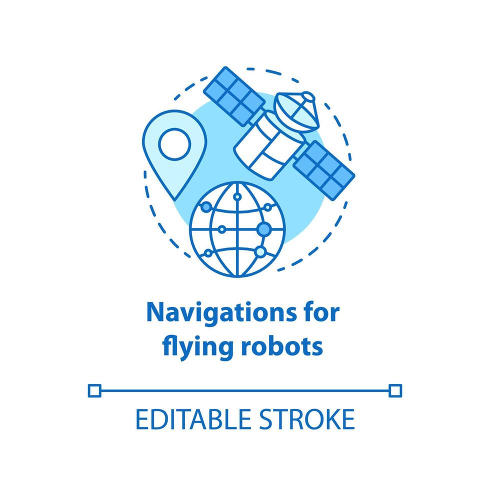navigatie voor vliegende robots blauw concept icoon. satellieten idee dunne lijn illustratie. gprs voor drones, robotapparaten. richtingen vanuit de ruimte. vector geïsoleerde overzichtstekening. bewerkbare streek