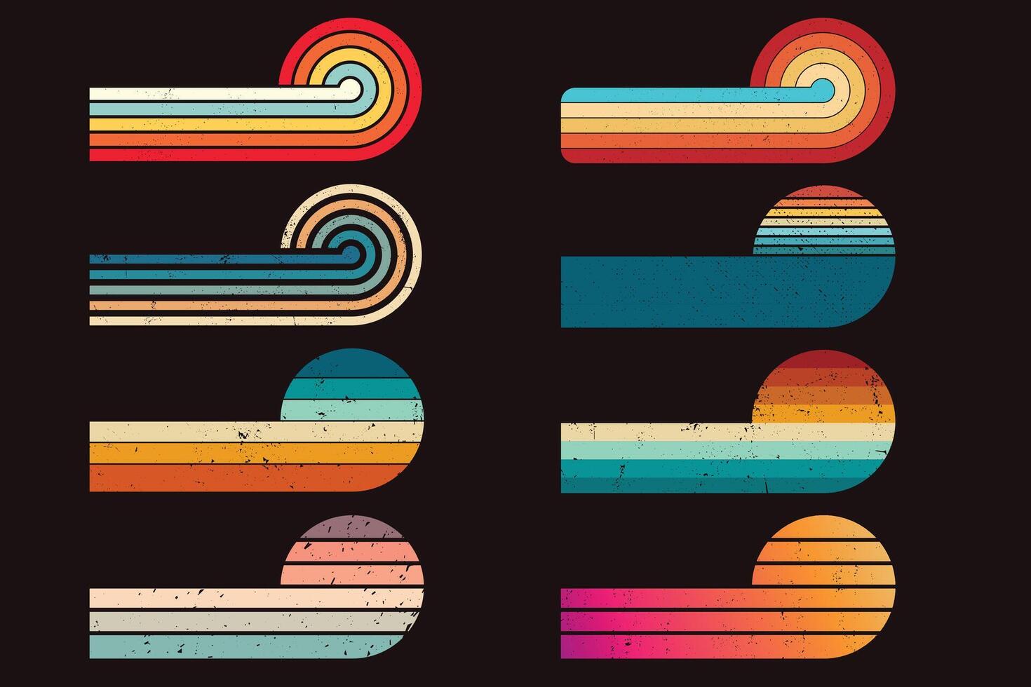 retro zonsondergang ontwerpen Aan zwart achtergrond. deze wijnoogst stijl horizontaal strepen retro zonsondergangen zijn voor afdrukken Aan vraag naar, t-shirt ontwerp, boek vector