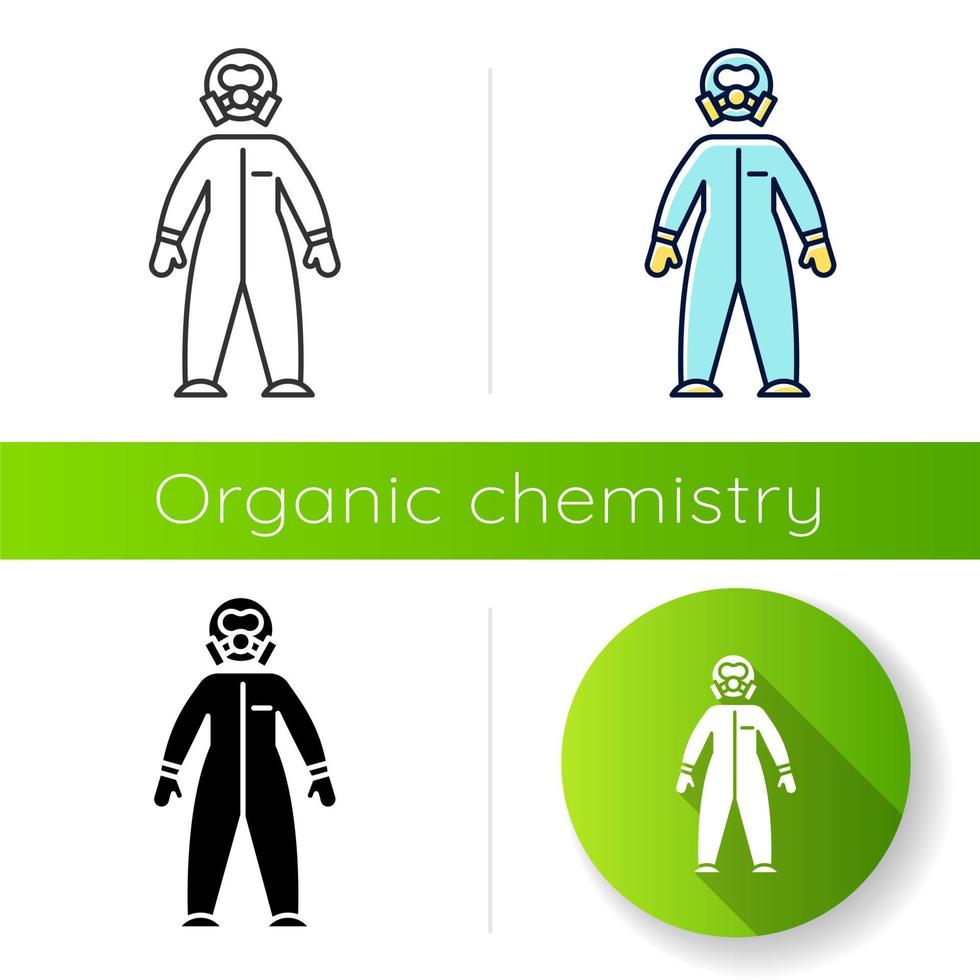 beschermend pak icoon. chemische industrieën. biohazard, radioactieve bescherming. veiligheid van de werknemer. organische chemie. plat ontwerp, lineaire, zwarte en kleurstijlen. geïsoleerde vectorillustraties vector