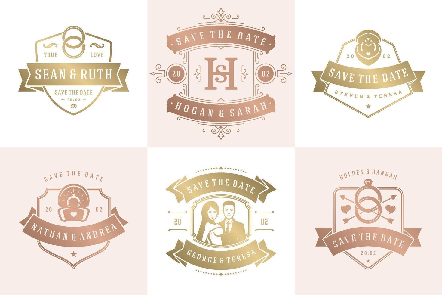 bruiloft uitnodigingen opslaan de datum logos en badges elegant Sjablonen reeks vector