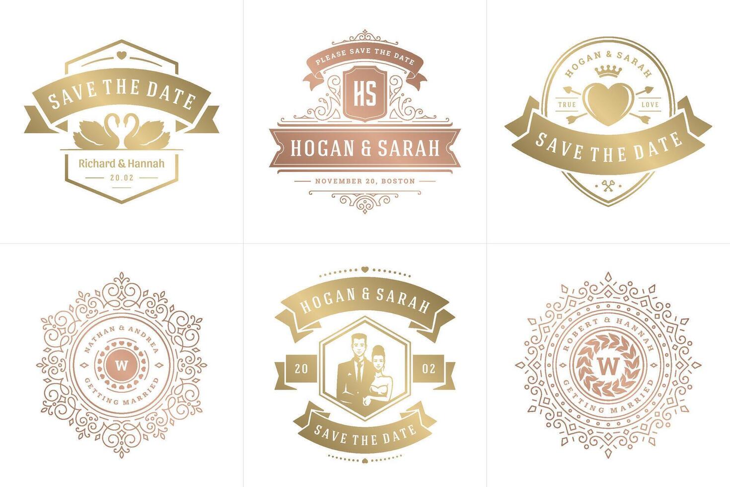 bruiloft uitnodigingen opslaan de datum logos en badges elegant Sjablonen reeks vector