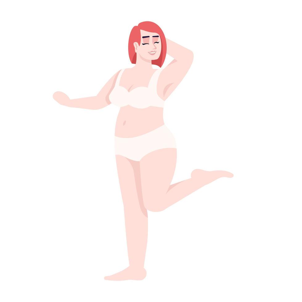 vrouw gekleed in tweedelig zwempak platte vectorillustratie. lichaam positief. overgewicht. plus size figuur. Kaukasische lachende dame met rood haar geïsoleerd stripfiguur op witte achtergrond vector