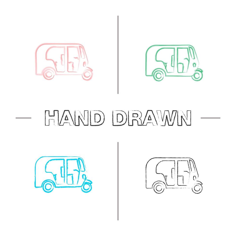 auto riksja hand getrokken pictogrammen instellen. kleur penseelstreek. tuktuk. geïsoleerde vector schetsmatige illustraties