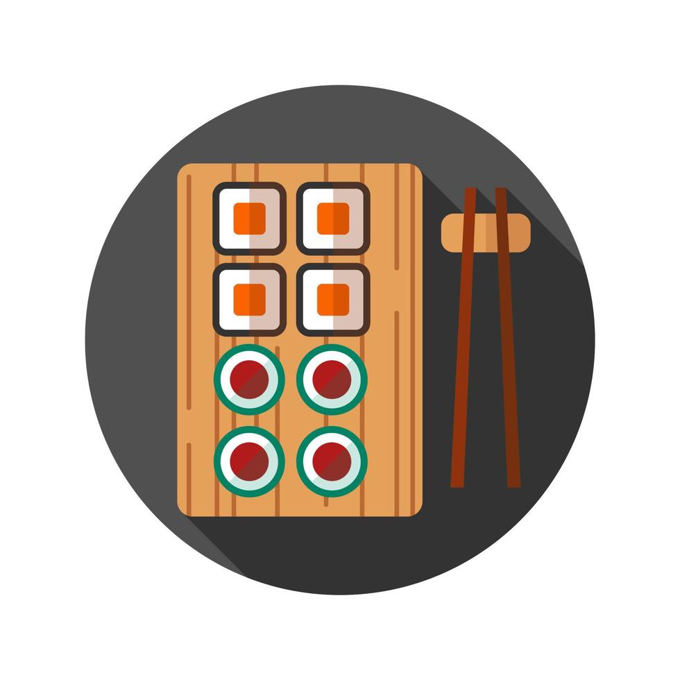 sushi en eetstokjes platte ontwerp lange schaduw kleur icoon. vector silhouet illustratie