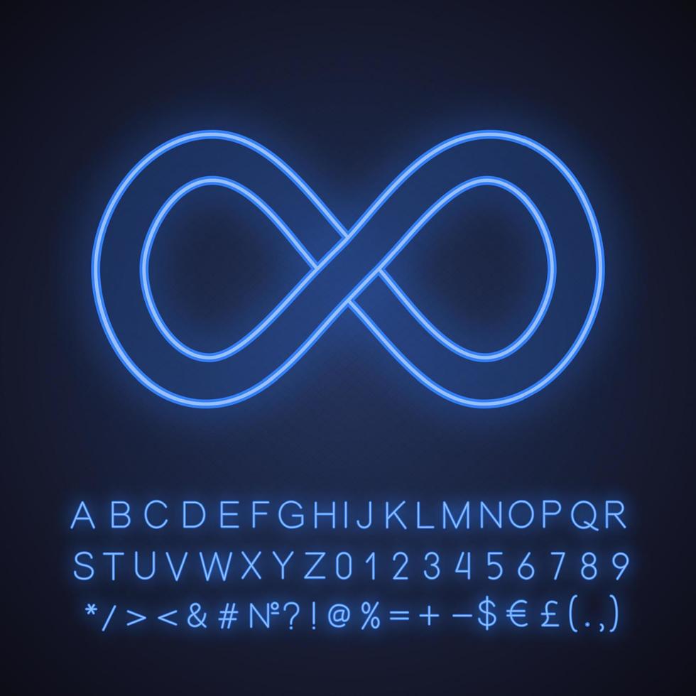 oneindigheidsteken neonlichtpictogram. lemniscaat. eindeloos. gloeiend bord met alfabet, cijfers en symbolen. vector geïsoleerde illustratie