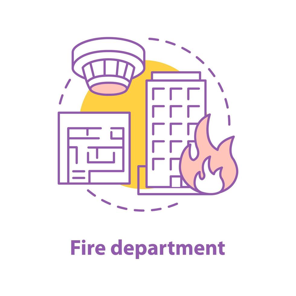brandweer concept icoon. brandbestrijding idee dunne lijn illustratie. gebouw op brand, rookmelder, ontruimingsplan. vector geïsoleerde overzichtstekening