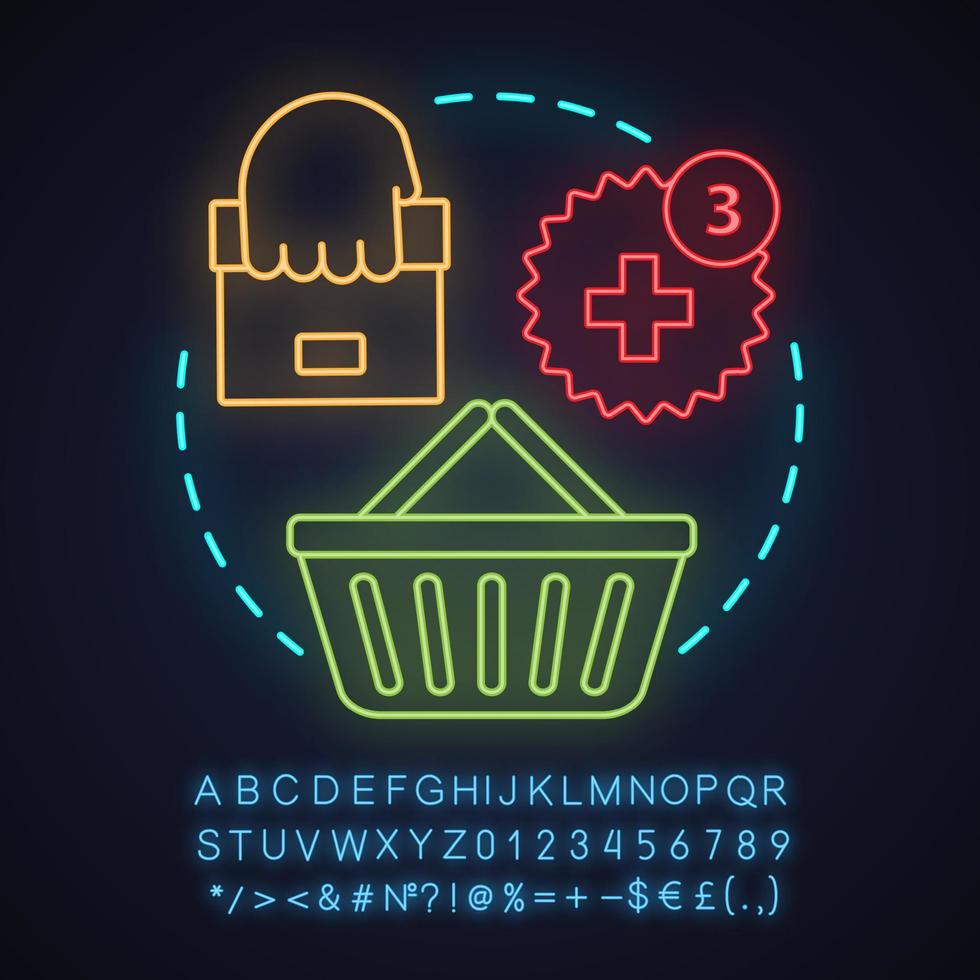 winkelen app neon licht concept icoon. online winkelen idee. toevoegen aan winkelmandje, gloeiend bord met alfabet, cijfers en symbolen. vector geïsoleerde illustratie