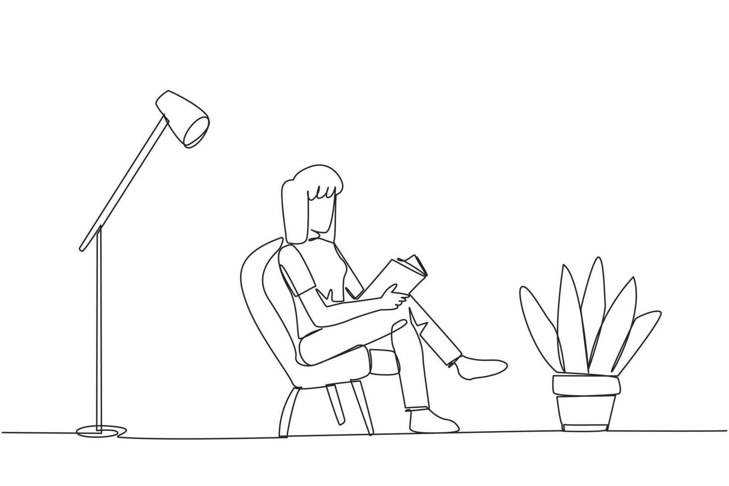 doorlopend een lijn tekening slim vrouw zittend lezing in een kamer met lezing lamp. uitgeven vakantie toenemend kennis door lezing boeken. liefde lezing. single lijn trek ontwerp illustratie vector