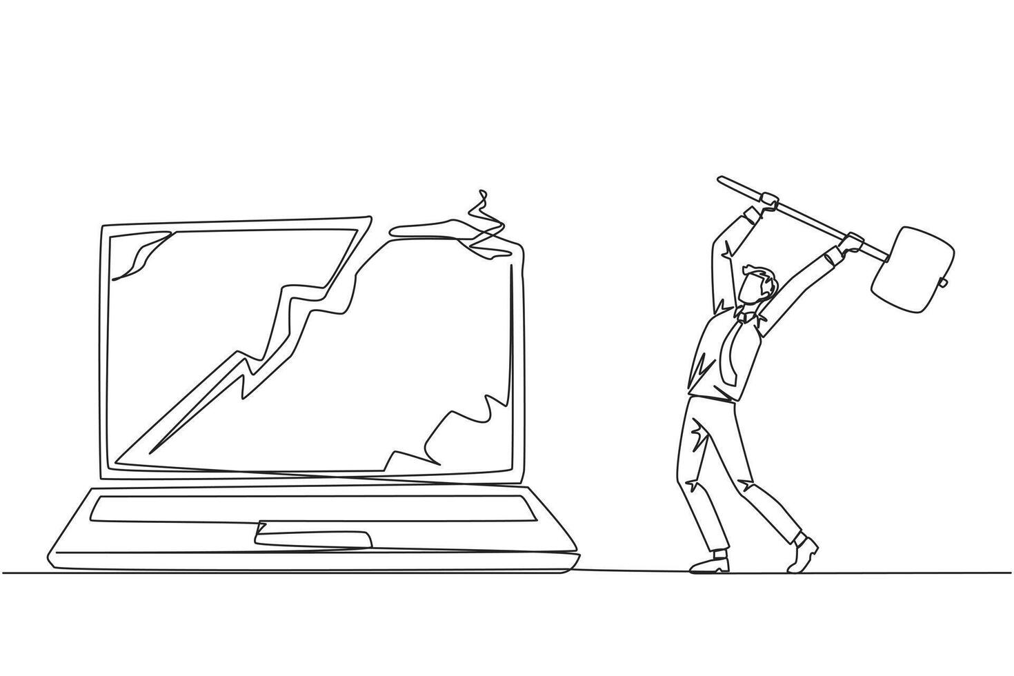 single een lijn tekening zakenman voorbereidingen treffen naar raken laptop. rampspoed. vernietigen technologie dat kan niet worden gebruikt optimaal. upgrade hardware en hersenwerk. doorlopend lijn ontwerp grafisch illustratie vector