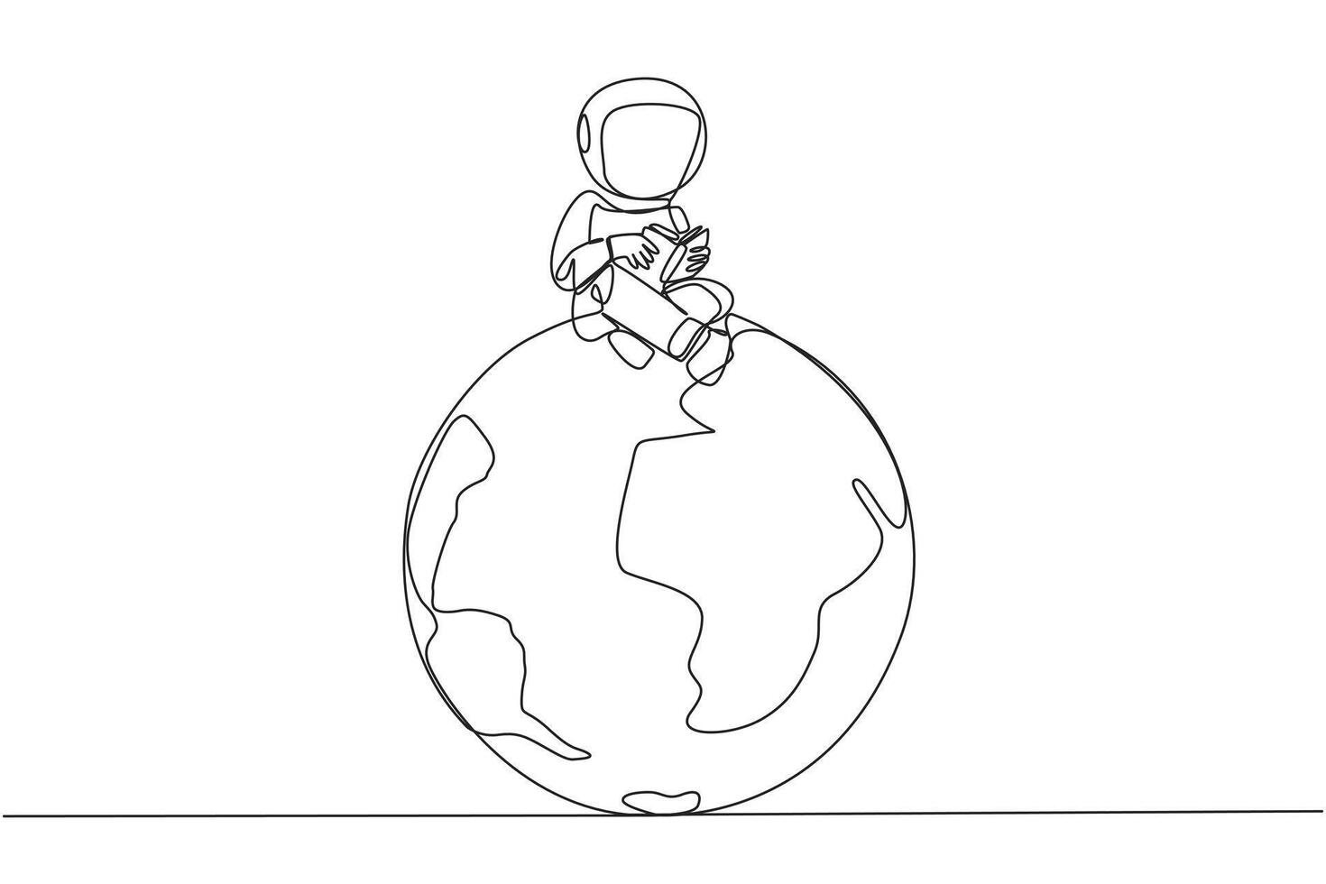 single doorlopend lijn tekening astronaut zittend Aan groot wereldbol lezing een boek. de metafoor van lezing kan bereiken de wereld. lezen overal. boek festival concept. een lijn ontwerp illustratie vector