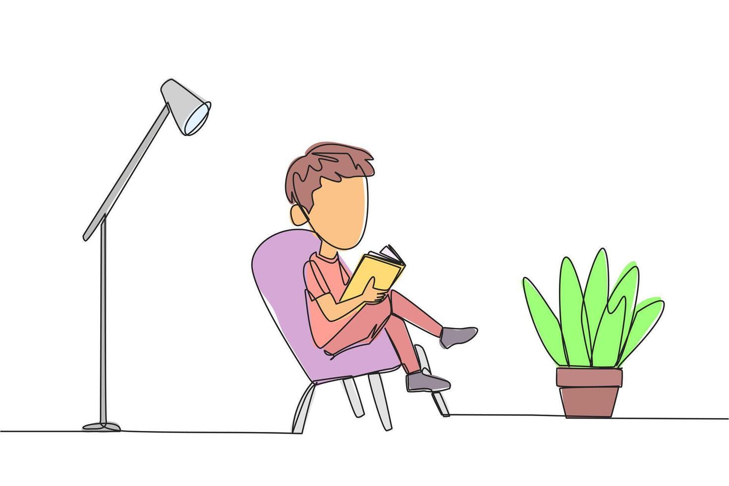 single een lijn tekening slim jongen zittend lezing in een kamer met een lezing lamp. uitgeven school- vakantie toenemend kennis door lezing boeken. liefde lezen. doorlopend lijn ontwerp grafisch illustratie vector