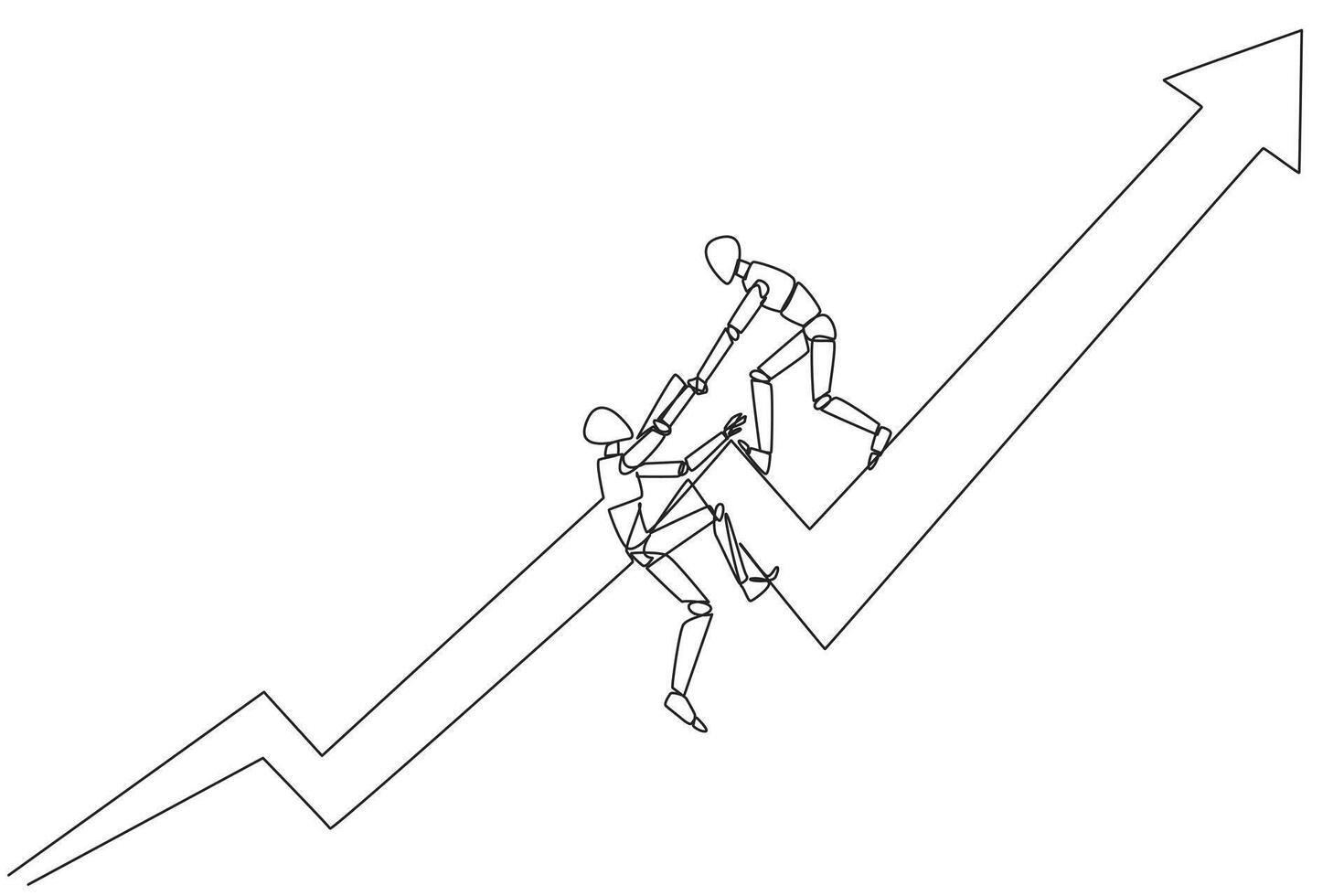single doorlopend lijn tekening slim robot helpt collega naar klimt de groot stijgende lijn pijl symbool. helpen elk andere naar bereiken bevredigend doelen. toenemen samen. een lijn ontwerp illustratie vector