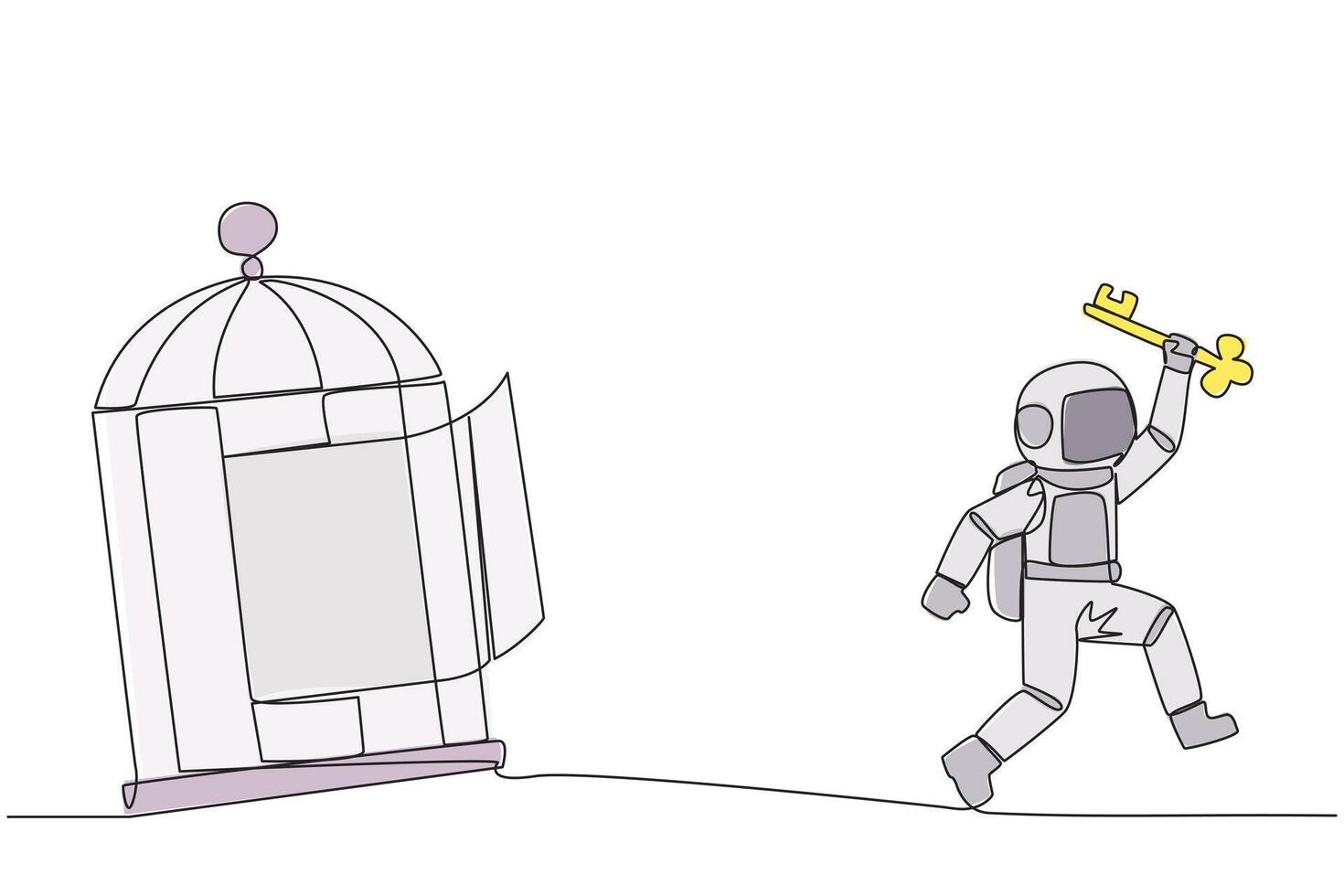 single doorlopend lijn tekening jong astronaut rennen uit van de kooi Holding de sleutel. concept van vrijheid van iets dat bindt. vrijheid naar vooruitgaan bedrijf. een lijn ontwerp illustratie vector