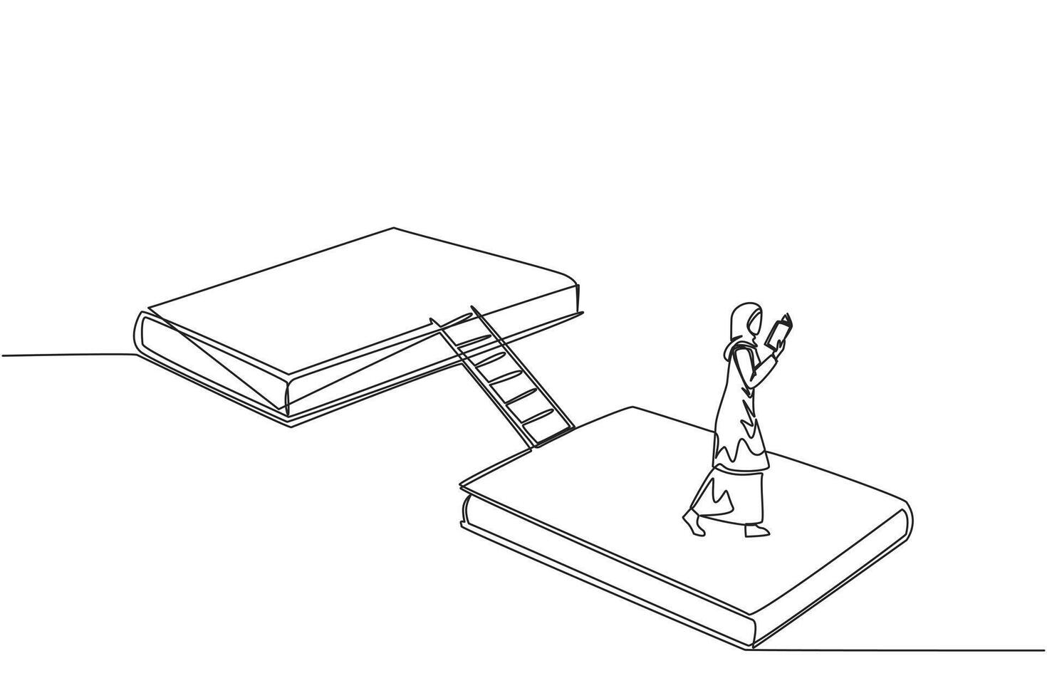 single doorlopend lijn tekening Arabisch vrouw wandelen lezing Aan boek. boek tentoonstelling concept. Scherm veel boeken, wetenschappelijk boeken naar fictie verhaal boeken. boek festival. een lijn illustratie vector