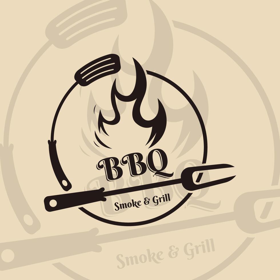 barbecue bbq rook en rooster wijnoogst ontwerp sjabloon met gekruiste spatel en vlam. vector