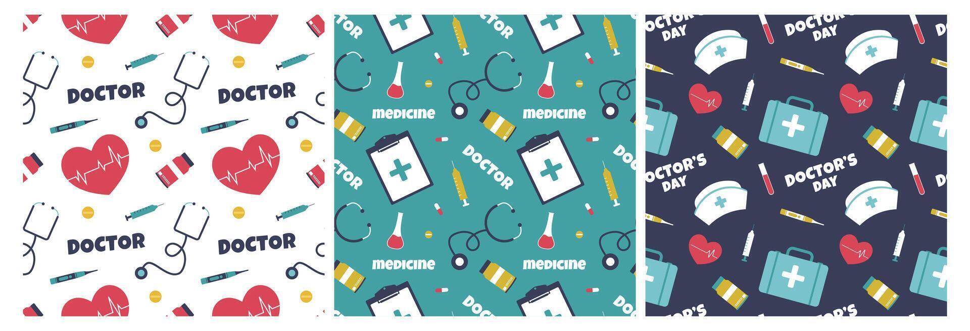 artsen dag naadloos patroon ontwerp met medisch uitrusting in sjabloon hand- getrokken tekenfilm vlak illustratie vector