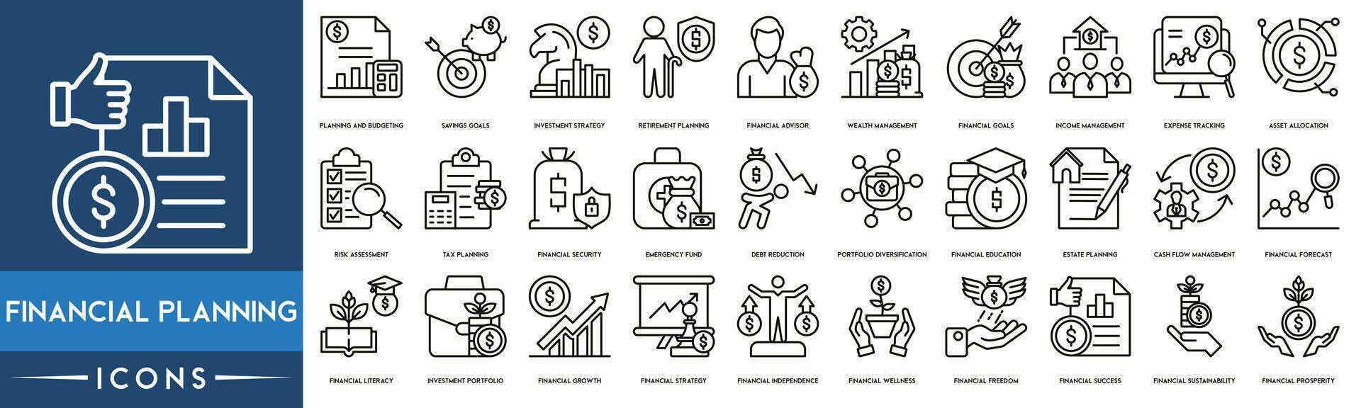 financieel planning icoon. planning en budgetteren, spaargeld doelen, investering strategie, pensioen planning, financieel adviseur, rijkdom beheer, financieel doelen vector