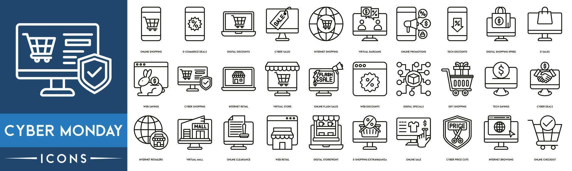 cyber maandag icoon set. online boodschappen doen , e-commerce aanbiedingen, digitaal kortingen, cyber verkoop, internet winkelen, virtueel koopjes, online promoties, tech kortingen icoon. vector