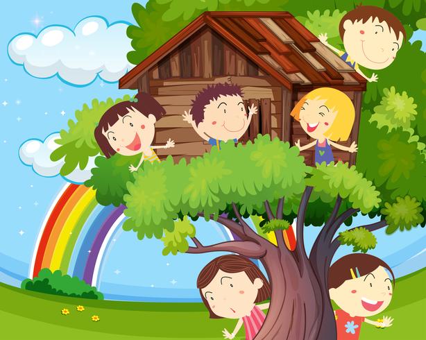 Veel kinderen spelen op treehouse vector