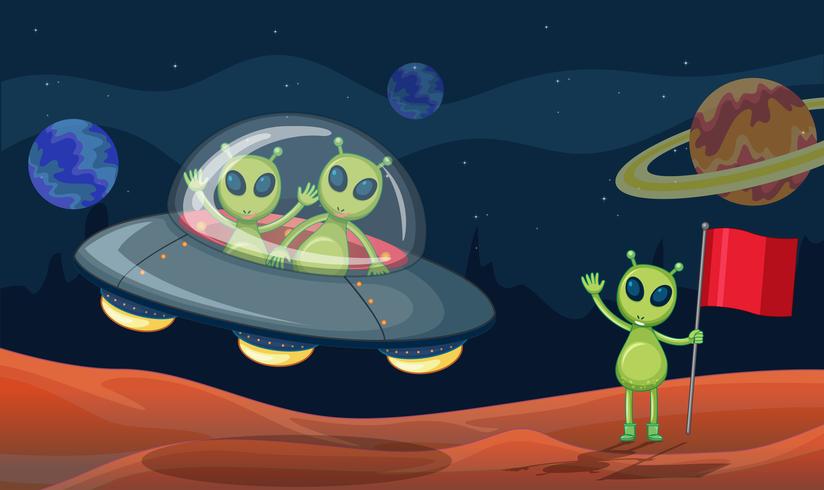 Groene aliens in UFO vector