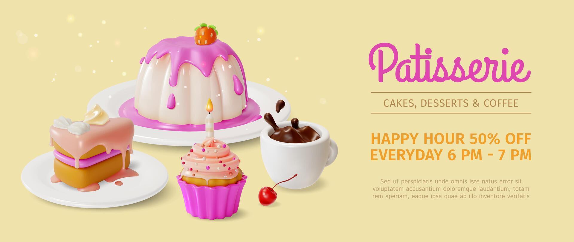 3d patisserie cakes desserts en koffie advertenties banier concept poster kaart. vector