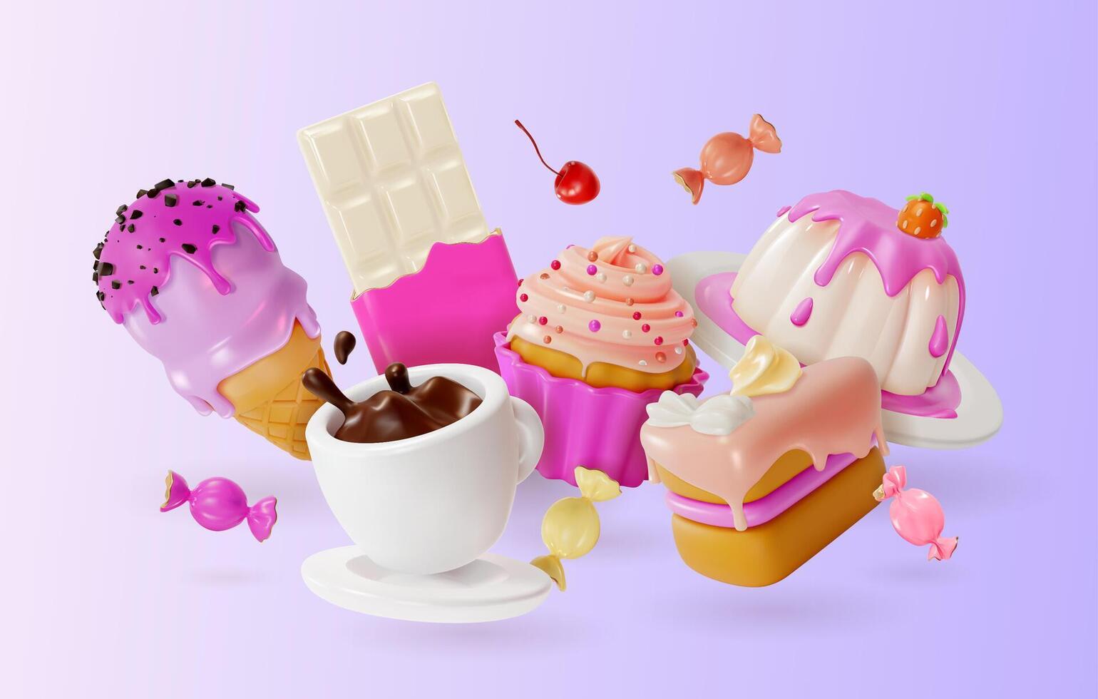 3d vers en heerlijk zoet desserts bestellen concept achtergrond tekenfilm vector
