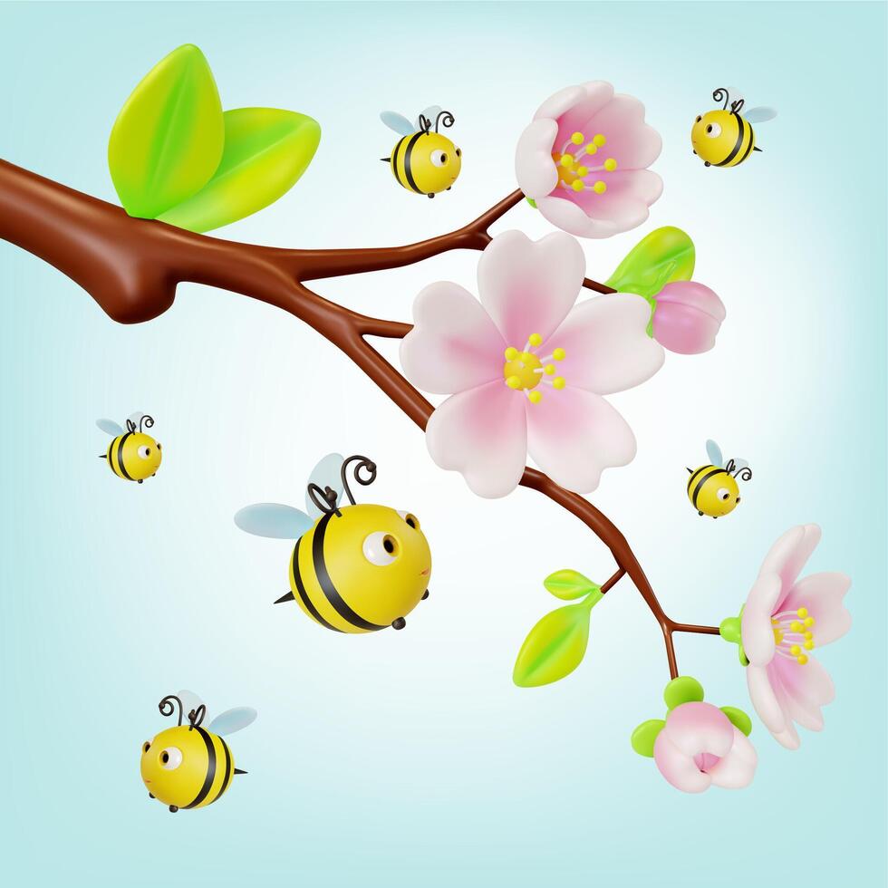 3d bloeiend sakura Afdeling met vliegend in de omgeving van bijen tekenfilm vector