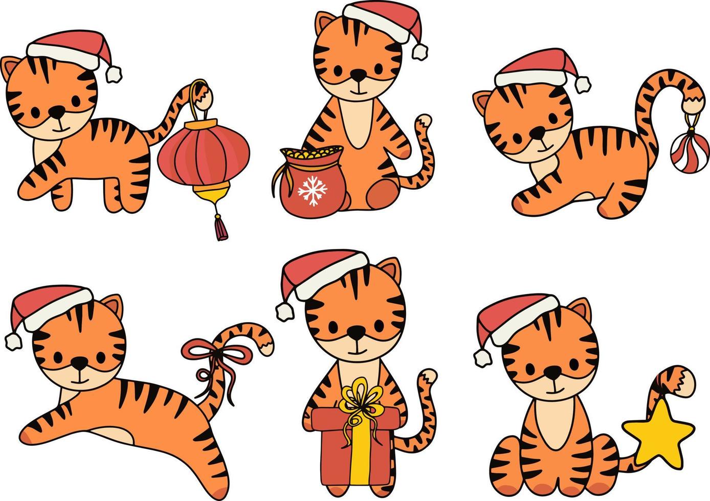 collectie met vector nieuwjaar baby tijger verschillende poses. tijger met kerstmuts collectie. geïsoleerde kwekerij clipart.