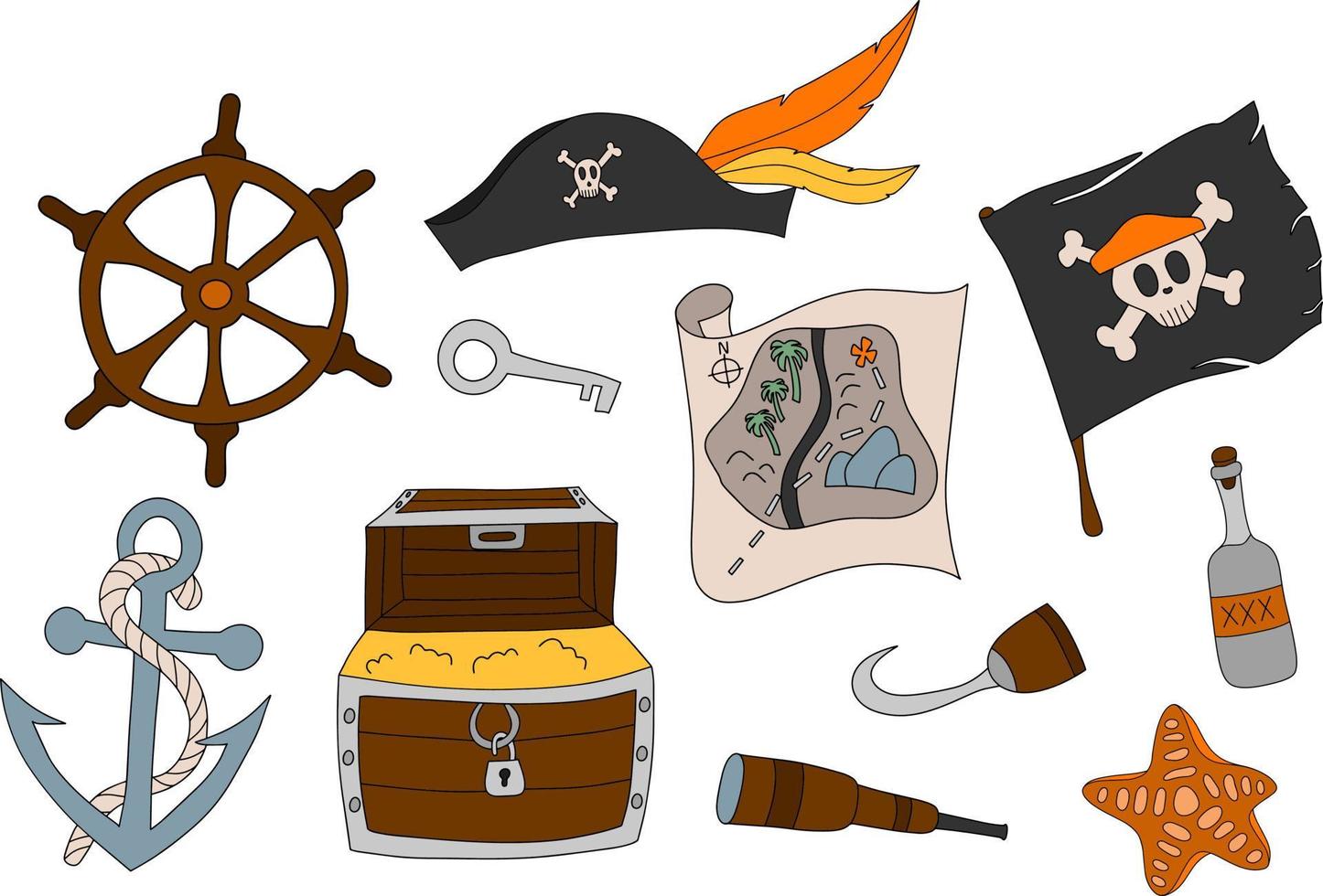 vector kleurrijke piratenbundel met geïsoleerde elementen. anker, schatkist, piratenhoed en vlag, piratenhaak, rum, schatkaart