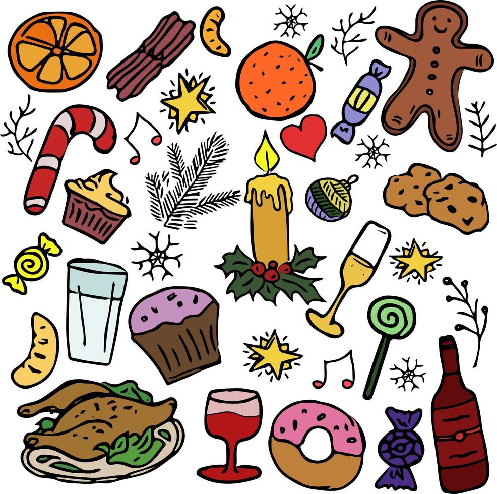 gekleurde set iconen van kerst eten. kerst achtergrond vector