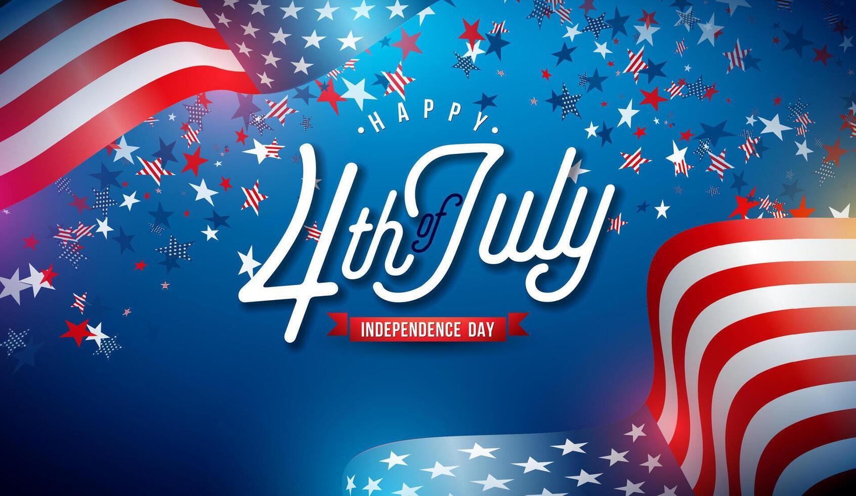 4e van juli onafhankelijkheid dag van de Verenigde Staten van Amerika illustratie met Amerikaans vlag en typografie brief Aan blauw achtergrond. vierde van juli nationaal viering ontwerp voor banier, groet kaart vector