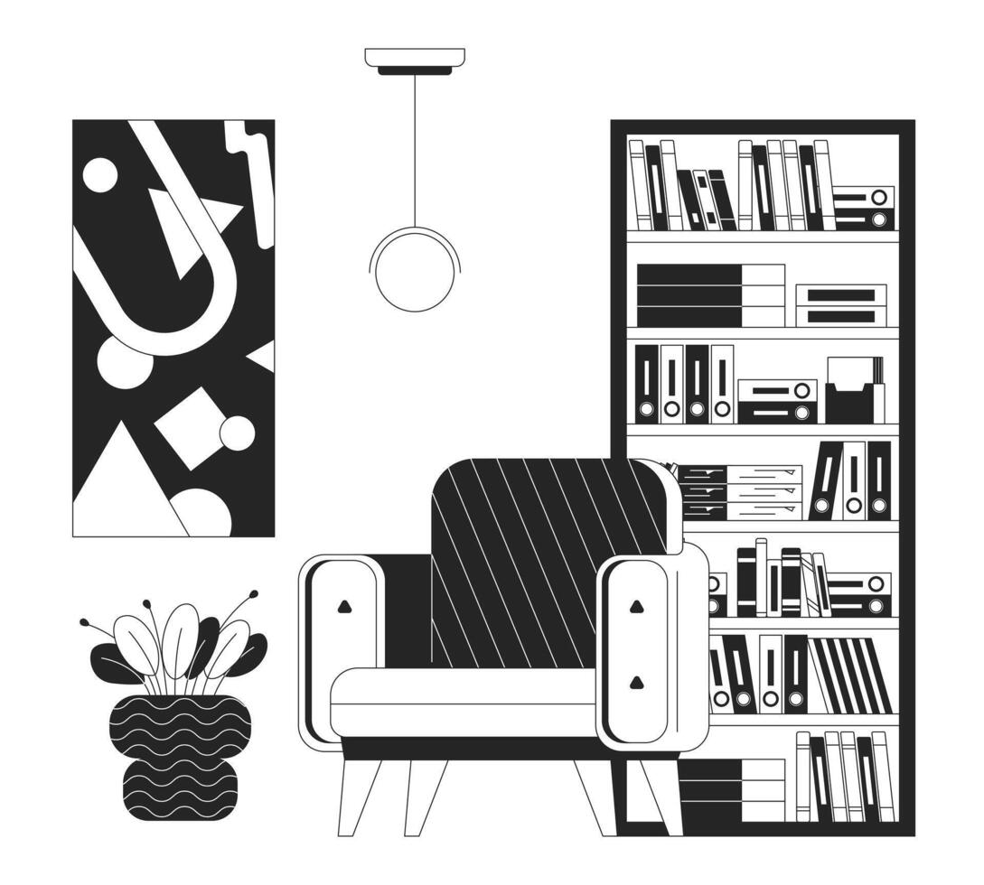 plaats naar rust uit Bij huis zwart en wit 2d lijn tekenfilm voorwerp. fauteuil in kamer interieur. kilte uit hoek geïsoleerd schets artikelen. huis inrichting idee monochromatisch vlak plek illustratie vector