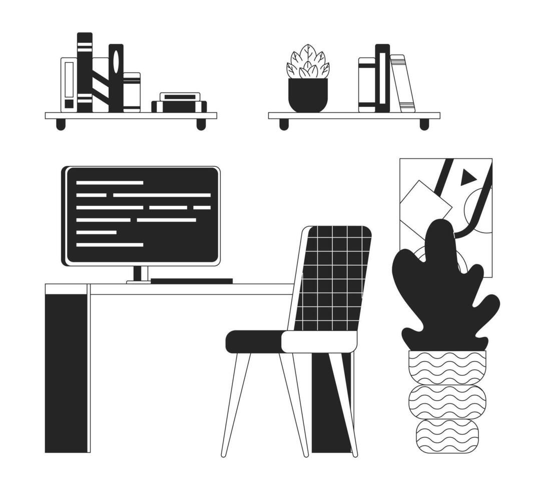 comfortabel huis kantoor zwart en wit 2d lijn tekenfilm voorwerp. computer bureau in kamer interieur geïsoleerd schets artikelen. geregeld plaats van freelancer werk monochromatisch vlak plek illustratie vector