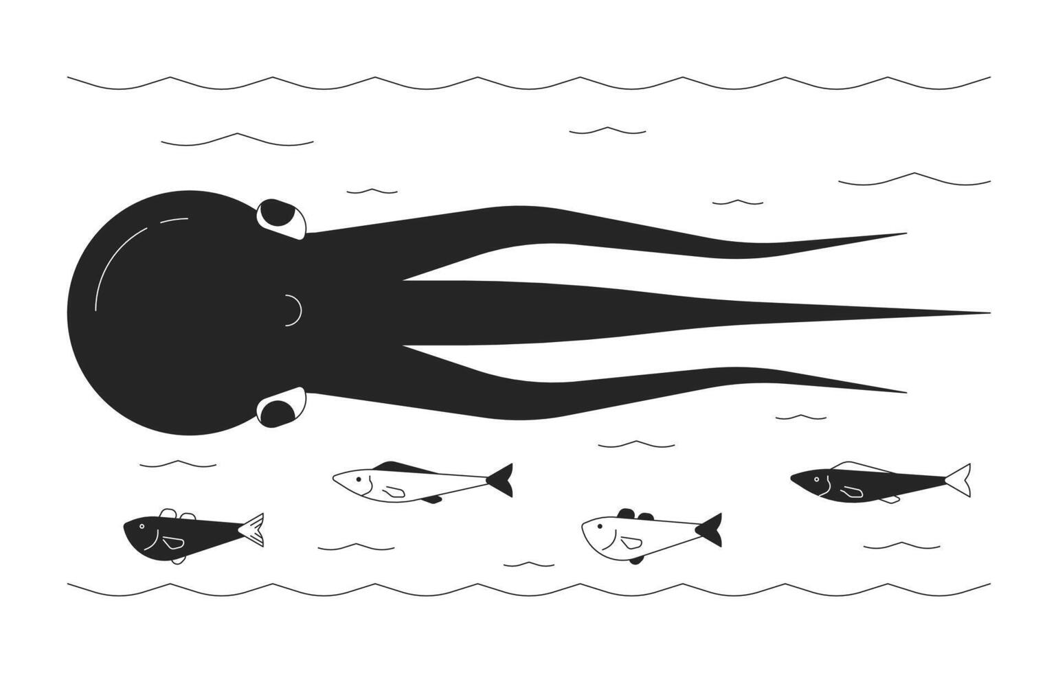 Octopus zwemmen met vis school- zwart en wit 2d lijn tekenfilm karakters. exotisch onderwater- dieren geïsoleerd schets personages. zeewater leefgebieden monochromatisch vlak plek illustratie vector