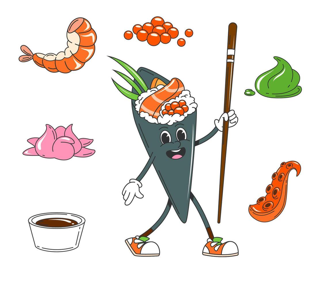 tekenfilm Japans groovy temaki sushi karakter vector