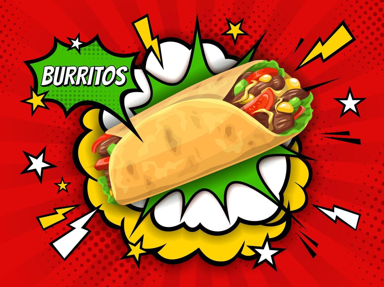 Mexicaans keuken tex Mex burrito grappig stijl poster vector