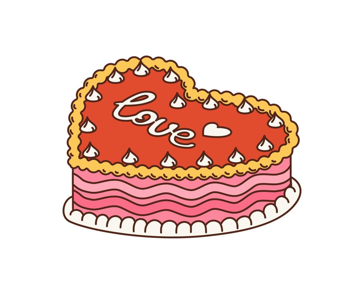 tekenfilm retro groovy hippie liefde taart of taart hart vector