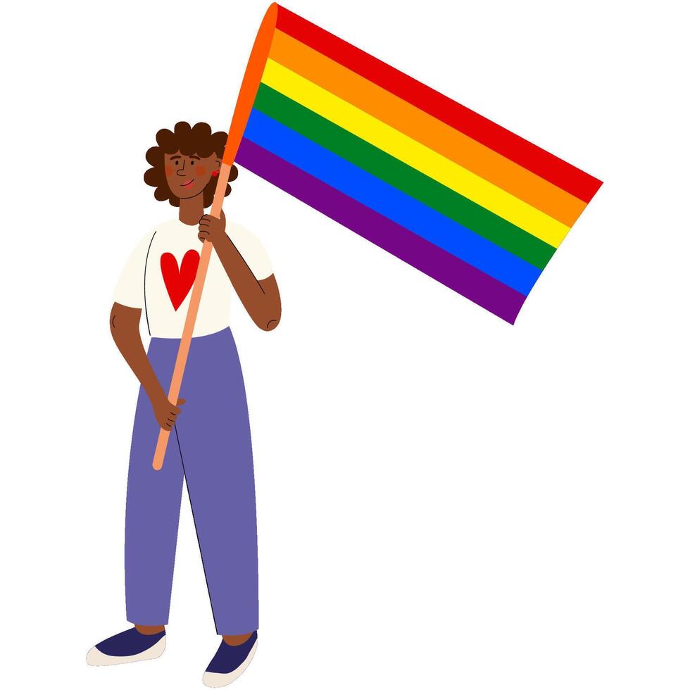 zwart vrouw Holding een regenboog vlag. trots maand spandoek. lgbt gemeenschap. vector