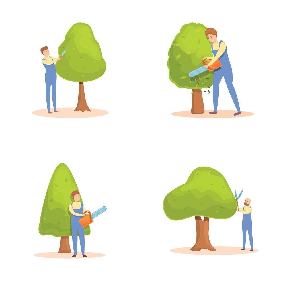 boom trimmen pictogrammen reeks tekenfilm . mannetje tuinman met verschillend uitrusting vector