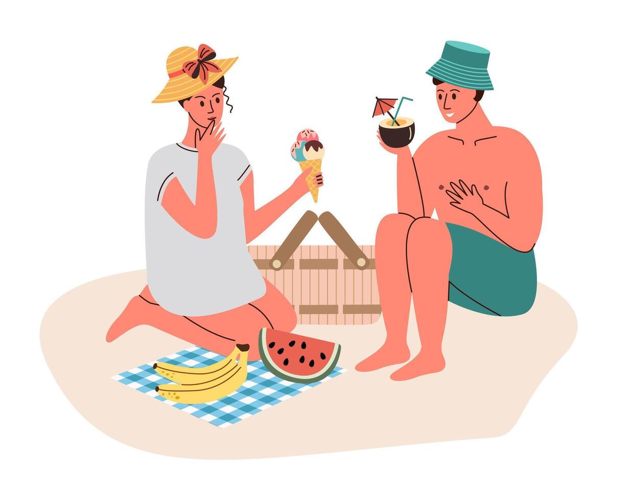 paar in liefde hebben picknick door kust. jong mensen zitten, ontspannend, aan het eten ijs en drinken cocktails. vector