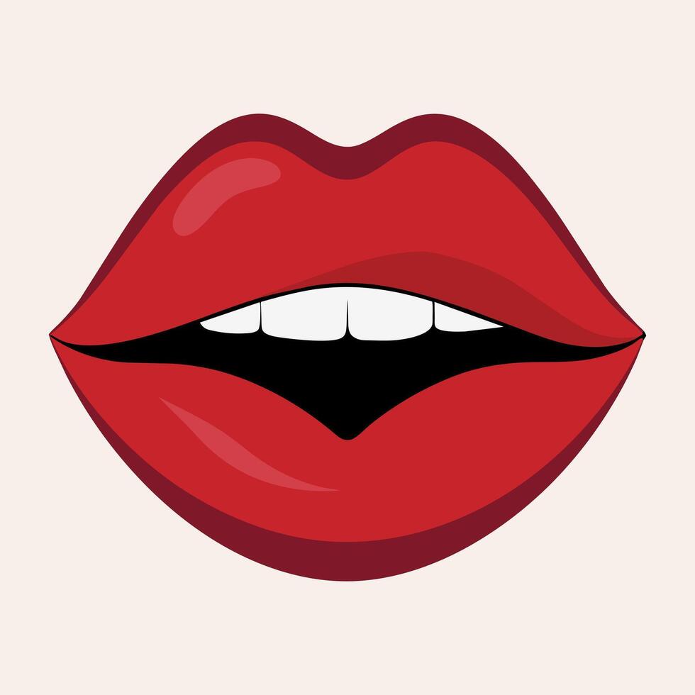 sensueel lippen in rood lippenstift icoon. Open mond met gezond tanden, wit glimlach. gemakkelijk logo vector
